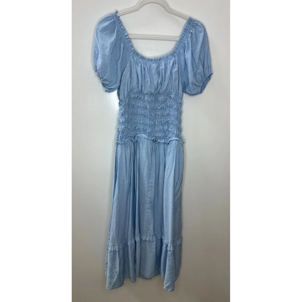 LE LIS Light Blue Smocked Puff Sleeve Midi Dress M Milkmaid Cottagecore Coquette - Picture 9 of 16
